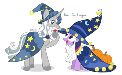 Size: 1140x700 | Tagged: safe, artist:dm29, star swirl the bearded, twilight sparkle, pony, shadow play, bells, cape, clothes, comparison, cute, eye contact, fake beard, fangirl, halloween, halloween costume, happy, hat, holiday, looking at each other, open mouth, pumpkin, raised eyebrow, simple background, smiling, star swirl the bearded costume, swirlabetes, thinking, transparent background, twiabetes, wizard hat