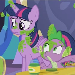 Size: 1079x1078 | Tagged: safe, screencap, spike, twilight sparkle, twilight sparkle (alicorn), alicorn, dragon, a flurry of emotions, cropped, discovery family logo, mashed peas