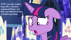 Size: 1280x720 | Tagged: safe, edit, edited screencap, screencap, twilight sparkle, twilight sparkle (alicorn), alicorn, celestial advice, female, floppy ears, map room, mare, solo, text, tfw, twilight's castle