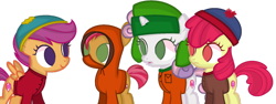 Size: 1024x386 | Tagged: safe, artist:xmelodyskyx, apple bloom, babs seed, scootaloo, sweetie belle, pony, crossover, cutie mark crusaders, eric cartman, female, filly, kenny mccormick, kyle broflovski, simple background, south park, stan marsh, transparent background