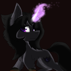 Size: 2560x2560 | Tagged: safe, artist:brokensilence, oc, oc only, oc:nocturnal, unicorn, bracelet, ear piercing, frown, jewelry, magic, male, piercing, simple background, stallion