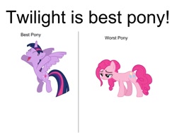 Size: 960x720 | Tagged: safe, pinkie pie, twilight sparkle, twilight sparkle (alicorn), alicorn, earth pony, pony, background pony strikes again, background pony thinks people care about which characters they like, best pony, happy, op is a cuck, op is trying to start shit, sad, worst pony