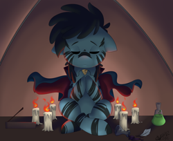 Size: 1024x834 | Tagged: safe, artist:befishproductions, oc, oc only, oc:vidapony, pony, candle, eyes closed, floppy ears, meditating, solo, stripes