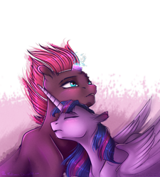 Size: 1724x1912 | Tagged: safe, artist:she-nightmare, fizzlepop berrytwist, tempest shadow, twilight sparkle, twilight sparkle (alicorn), alicorn, pony, unicorn, my little pony: the movie, blushing, broken horn, eyes closed, female, lesbian, mare, shipping, simple background, tempestlight, transparent background