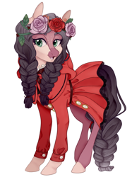 Size: 534x713 | Tagged: safe, alternate version, artist:tenderlumpkins, artist:vividfizz, oc, oc only, oc:dahlia, crystal pony, pony, braid, clothes, dress, female, flower, flower in hair, freckles, lolita fashion, looking at you, mare, solo