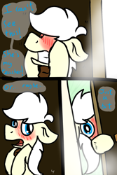 Size: 1000x1500 | Tagged: safe, artist:euspuche, oc, oc only, oc:pierrot fisher, earth pony, pony, comic:looking at you as, bath, blushing, clothes, dialogue, door, floppy ears, male, scared, scarf, spying, stallion, steam, voyeurism