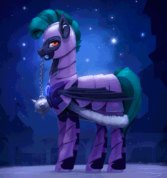 Size: 750x800 | Tagged: safe, artist:rodrigues404, oc, oc only, oc:midnight chastise, bat pony, animated, armor, captain, cinemagraph, ear piercing, earring, eye scar, flail, guard, jewelry, kingdom, lip piercing, night guard, piercing, scar, weapon