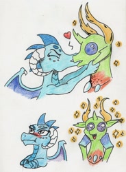 Size: 1004x1366 | Tagged: safe, artist:kuroneko, derpibooru exclusive, princess ember, thorax, changedling, changeling, dragon, blushing, colored pencil drawing, comic, dragoness, embrax, female, heart, interspecies, king thorax, kissing, male, shipping, sparkles, straight, traditional art, tsundember, tsundere
