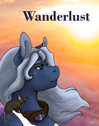 Size: 1000x1277 | Tagged: safe, artist:polar puff, oc, oc only, oc:blue yonder, oc:ulysses, anthro, mouse, pegasus, cloud, cover image, fanfic, fanfic art, fanfic cover, freckles, goggles, pet, sunset, wind blown hair