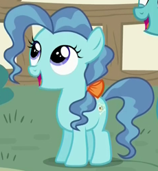 Size: 472x512 | Tagged: safe, screencap, petunia paleo, pony, the fault in our cutie marks, blue eyes, cutie mark, female, filly, happy, out of frame