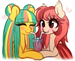 Size: 2986x2455 | Tagged: safe, artist:fluffymaiden, oc, oc only, oc:lychee, oc:mango sorbet, bat pony, earth pony, pony, bendy straw, blushing, drinking straw, duo, female, heart, hoof hold, lesbian, mare, oc x oc, sharing a drink, shipping, smoothie, straw