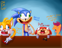 Size: 2218x1700 | Tagged: safe, artist:zoiby, scootaloo, pony, crossover, knuckles the echidna, miles "tails" prower, sonic the hedgehog, sonic the hedgehog (series)