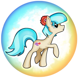 Size: 2539x2539 | Tagged: safe, artist:flamevulture17, coco pommel, earth pony, pony, circle, female, flower, flower in hair, looking at something, looking away, looking up, mare, orb, profile, raised hoof, raised leg, reaching out, solo, standing