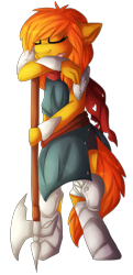 Size: 1123x2311 | Tagged: safe, artist:oddends, oc, oc only, oc:camber, anthro, armor, clothes, female, halberd, mare, scarf, simple background, sleeping, solo, transparent background, weapon