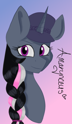 Size: 1024x1755 | Tagged: safe, artist:mischievousartist, oc, oc only, oc:amarynceus, pony, unicorn, braid, female, gradient background, hat, mare, solo