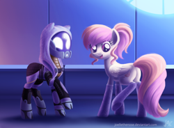 Size: 1024x755 | Tagged: safe, artist:joellethenose, oc, pony, clothes, crossover, duo, glowing eyes, helmet, mass effect, no tail, open mouth, plot, smiling, socks, spacesuit, tali'zorah vas normandy, window