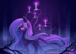 Size: 1024x723 | Tagged: safe, artist:joellethenose, oc, oc only, pony, candle, fog, forest, leonine tail, night, solo