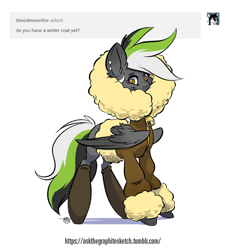 Size: 722x797 | Tagged: safe, artist:kez, oc, oc only, oc:graphite sketch, pegasus, pony, ask, askthegraphitesketch, clothes, coat, female, fluffy, piercing, socks, solo, tumblr