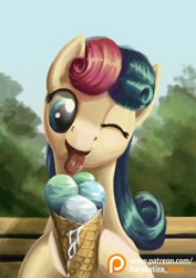 Size: 636x900 | Tagged: safe, artist:kirillk, bon bon, sweetie drops, earth pony, pony, bust, cute, eating, female, food, ice cream, licking, mare, one eye closed, patreon, patreon logo, portrait, smiling, solo, tongue out, wink