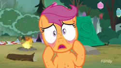 Size: 1920x1080 | Tagged: safe, screencap, scootaloo, fly-der, pony, campfire tales, bite mark, fly-der bite, scared, tent