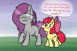 Size: 3000x2000 | Tagged: safe, artist:yakoshi, apple bloom, oc, oc:lumine, pony, blind, blindfold, dialogue