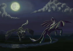 Size: 3508x2480 | Tagged: safe, artist:kirillk, oc, bat pony, pony, commission, duo, moon, night, river