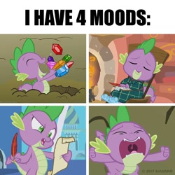 Size: 1080x1080 | Tagged: safe, spike, dragon, big no, birthday, blanket, eating, emotions, gem, gemovore, happy, image macro, meme, obligatory pony, quill, rocking chair, sad, screaming, scroll, sleeping, spike's birthday, spike's no, writing