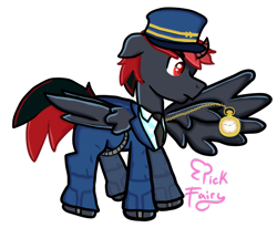 Size: 1024x845 | Tagged: safe, artist:pickfairy, oc, oc only, oc:borgz pony, alicorn, cyborg, pegasus, pony, black, blue, borg, clothes, conductor, crossover, hat, male, pocket watch, red, red eyes, solo, stallion, star trek, train