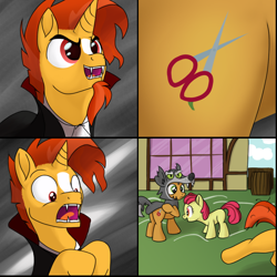 Size: 1024x1024 | Tagged: safe, artist:foal, apple bloom, babs seed, sunburst, earth pony, pony, unicorn, animal costume, clothes, comic, costume, cross, cutie mark, facial hair, fangs, female, filly, goatee, haircut, male, open mouth, scissors, shaving, shrunken pupils, stallion, wide eyes, wolf costume