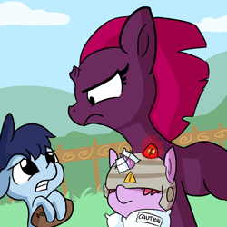 Size: 1650x1650 | Tagged: safe, artist:tjpones, fizzlepop berrytwist, tempest shadow, oc, oc:puffpad, pony, unicorn, my little pony: the movie, american football, angry, armor, bipedal, broken horn, caution sign, colt, daughter, exclamation point, female, filly, floppy ears, frown, glare, gritted teeth, helicopter parents, helmet, hidden eyes, hoof hold, horn, male, mama bear, mare, mother, mother and child, mother and daughter, overprotective, parent and child, parent:tempest shadow, pillow armor, protecting, sports