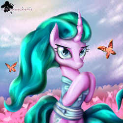 Size: 3000x3000 | Tagged: safe, artist:katakiuchi4u, mistmane, butterfly, pony, unicorn, campfire tales, clothes, curved horn, female, mare, scenery, sitting, solo