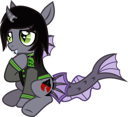 Size: 1331x1219 | Tagged: safe, artist:lightningbolt, derpibooru exclusive, hybrid, pony, .svg available, cardboard, clothes, costume, curved horn, drop dead clothing, fake fangs, fangs, fins, fish tail, half-siren, hoof on chest, jacket, jewelry, kellin quinn, lidded eyes, looking offscreen, male, necklace, nightmare night costume, ponified, simple background, sitting, sleeping with sirens, slit eyes, smiling, solo, stallion, svg, tape, transparent background, trap, vector