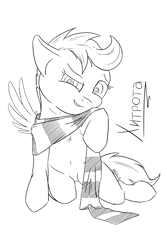 Size: 4000x6000 | Tagged: safe, artist:madgehog, scootaloo, pegasus, pony, belly, belly button, blushing, chest fluff, clothes, cute, dressup, female, filly, lineart, lip bite, looking at you, mare, monochrome, russian, scarf, solo, spread wings, teeth, wingboner, wings