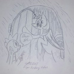 Size: 1440x1440 | Tagged: safe, artist:derpanater, spike, twilight sparkle, alicorn, dragon, pony, 30 minute art challenge, clever girl, door, female, jurassic park, key, male, mare, movie reference, silly, speech bubble, traditional art