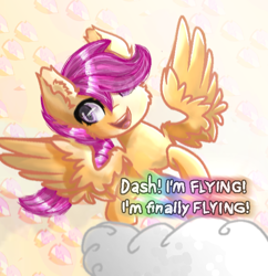 Size: 606x626 | Tagged: safe, artist:victoriathething, scootaloo, cloud, cute, cutealoo, cutie mark, dialogue, implied rainbow dash, scootaloo can fly, solo