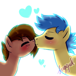 Size: 1024x1024 | Tagged: safe, artist:sugguk, oc, oc only, oc:chennie, pony, blushing, female, kissing, male, mare, oc x oc, shipping, stallion, straight