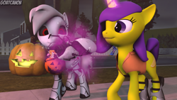 Size: 3840x2160 | Tagged: safe, artist:goatcanon, derpibooru exclusive, twilight sparkle, oc, oc:lemontwist, oc:servo, 3d, chell, clothes, halloween, holiday, jack-o-lantern, portal (valve), portal gun, pumpkin, shoes, source filmmaker