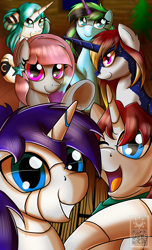 Size: 1700x2800 | Tagged: safe, artist:elmutanto, oc, oc only, oc:midnight glow, oc:nova, oc:raribot, oc:scarlet heart, oc:seraphim stardust, alicorn, pegasus, pony, robot, unicorn, alicorn oc, christmas, commission, female, glasses, group, holiday, not rarity, one eye closed, open mouth, selfie, wink