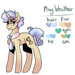 Size: 900x900 | Tagged: safe, artist:hrosy, oc, oc only, oc:may weather, unicorn, blue hair, cutie mark, eyebrows, female, fluffy, frown, full body, glasses, green eyes, messy mane, necktie, reference sheet, scroll, shading, simple background, solo, transparent background