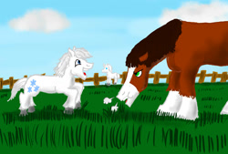 Size: 1260x850 | Tagged: safe, artist:horsesplease, double diamond, trouble shoes, horse, pony, annoyed, clydesdale, cute, daaaaaaaaaaaw, double dawwmond, excited, grass, grazing, happy, horses doing horse things, playful, shetland pony, silly, silly pony, snorting, unamused