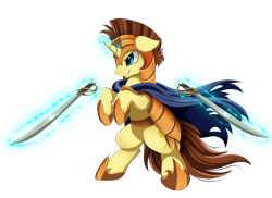 Size: 3509x2550 | Tagged: safe, artist:pridark, oc, oc only, unicorn, armor, blue eyes, brown mane, commission, cyan eyes, glowing horn, magic, rearing, simple background, smiling, solo, sword, telekinesis, transparent background, weapon, yellow coat