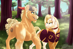 Size: 1050x700 | Tagged: safe, artist:bijutsuyoukai, oc, oc only, oc:casey, oc:coffee cake, earth pony, pony, apple tree, backwards ballcap, baseball cap, cap, clothes, female, hat, jacket, male, mare, offspring, parent:applejack, parent:donut joe, parent:pinkie pie, parent:trenderhoof, parents:pinkiejoe, parents:trenderjack, stallion, tree