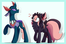 Size: 5321x3599 | Tagged: safe, artist:silverknight27, pharynx, oc, oc:silver rose, changedling, changeling, pegasus, pony, to change a changeling, gay, heart, high res, male, neck fluff, prince pharynx, raised hoof, stallion, tongue out