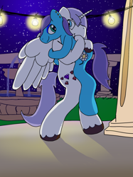 Size: 1500x2001 | Tagged: safe, artist:platypus in a can, oc, oc only, oc:diamond shine, oc:roxy impelheart, cutie mark, ear piercing, fountain, hug, light bulb, male, night, oc x oc, piercing, pillar, request, shipping, stars, tail, trans girl, transgender