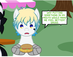 Size: 540x420 | Tagged: safe, artist:aha-mccoy, oc, oc only, oc:gamercolt, oc:tosh, earth pony, pony, robot, robot pony, nopony-ask-mclovin, ask, burger, food, hay burger, male, solo focus, speech bubble, stallion, tumblr