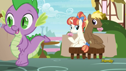 Size: 1920x1080 | Tagged: safe, screencap, coco crusoe, rainbow stars, spike, dragon, earth pony, pony, unicorn, triple threat, cupcake, cute, discovery family logo, female, food, looking at each other, male, mare, ponyville, shipping fuel, stallion, stool, table