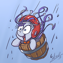 Size: 512x512 | Tagged: safe, artist:assasinmonkey, twilight velvet, pony, once upon a zeppelin, barrel, female, helmet, lifejacket, mare, neighagra falls, open mouth, scene interpretation, silly, silly pony, solo, tongue out, waterfall