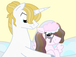 Size: 4096x3072 | Tagged: safe, artist:kindheart525, prince blueblood, oc, oc:angel, pegasus, pony, alternate hairstyle, bath, father and child, father and daughter, female, hair bun, hair dye, kindverse, makeup, male, missing accessory, next generation, offspring, parent and child, parent:fleur-de-lis, parent:prince blueblood, parents:fleur-de-blueblood, running makeup, story included