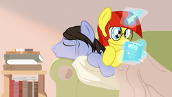 Size: 2870x1614 | Tagged: safe, artist:aaronmk, oc, oc only, oc:lefty pony, blanket, book, freckles, glasses, magic glow, pillow, reading, sofa