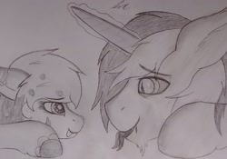 Size: 2306x1615 | Tagged: safe, artist:teardrop, oc, oc only, oc:issac, oc:pagogo, pegasus, pony, unicorn, collaboration, collaborate, cute, double tongue, female, friends, happy, male, mare, monochrome, on floor, playful, stallion, tongue out, traditional art